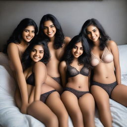 A group of Indian girls lying on a bed, wearing lingerie