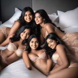 A group of Indian girls lying on a bed, wearing lingerie