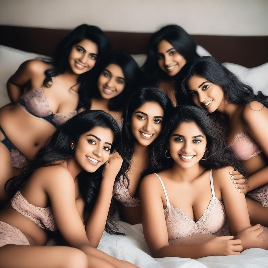 A group of Indian girls lying on a bed, wearing lingerie