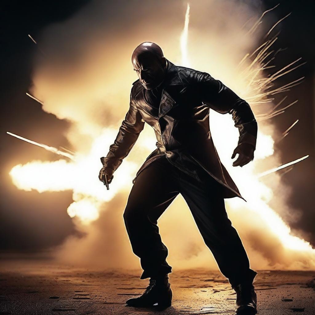 Create a badass picture featuring a strong and confident character in an action-packed scene