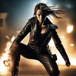 Create a badass picture featuring a strong and confident character in an action-packed scene