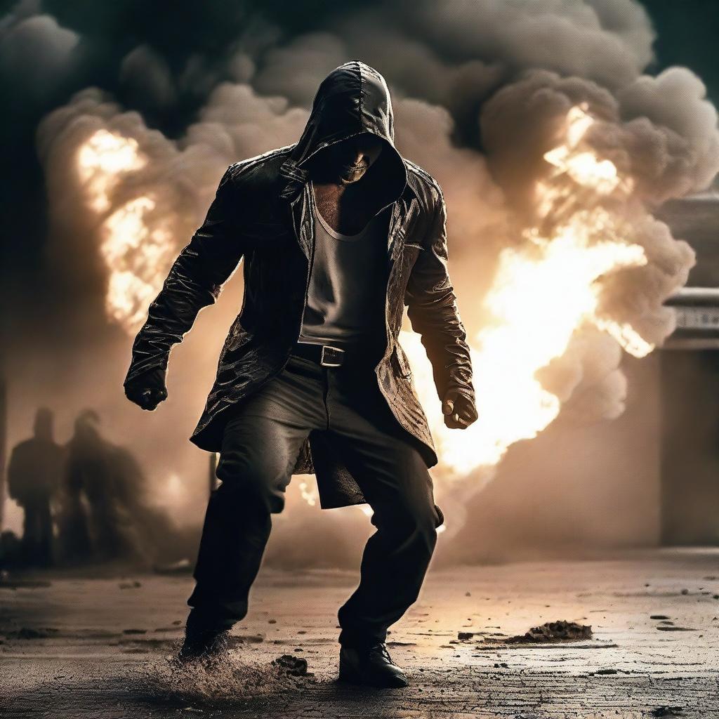 Create a badass picture featuring a strong and confident character in an action-packed scene