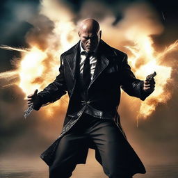 Create a badass picture featuring a strong and confident character in an action-packed scene