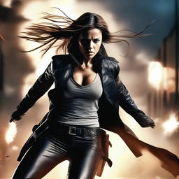 Create a badass picture featuring a strong and confident female character in an action-packed scene