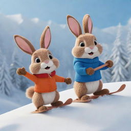 An animated scene of a cartoon bunny and beaver, best friends, merrily skiing down a snowy mountain slope. Their faces are filled with joy and excitement, creating a lively and charming winter tableau.