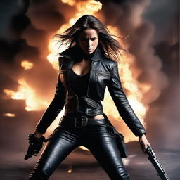 Create a badass picture featuring a strong and confident female character in an action-packed scene