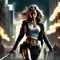 Create a badass picture featuring a strong and confident female character in an action-packed scene