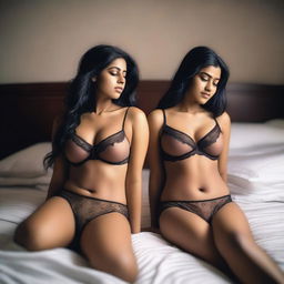 Two Indian girls lying on a bed, wearing elegant lingerie