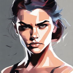 Create a badass art picture focusing on the face of a strong and confident female character