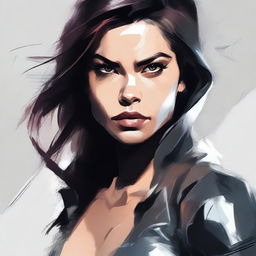 Create a badass art picture focusing on the face of a strong and confident female character