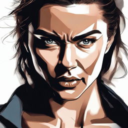 Create a badass art picture focusing on the face of a strong and confident female character