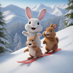 An animated scene of a cartoon bunny and beaver, best friends, merrily skiing down a snowy mountain slope. Their faces are filled with joy and excitement, creating a lively and charming winter tableau.