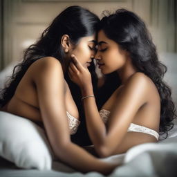 Two Indian girls lying on a bed, wearing lingerie and kissing sensually