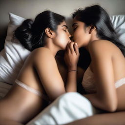 Two Indian girls lying on a bed, wearing lingerie and kissing sensually