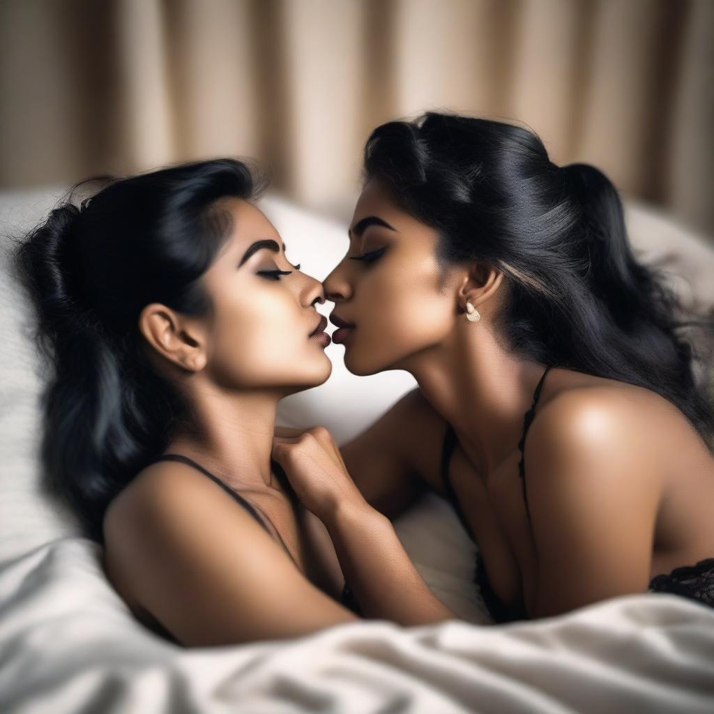 Two Indian girls lying on a bed, wearing lingerie, kissing sensually