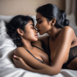 Two Indian girls lying on a bed, wearing lingerie, kissing sensually