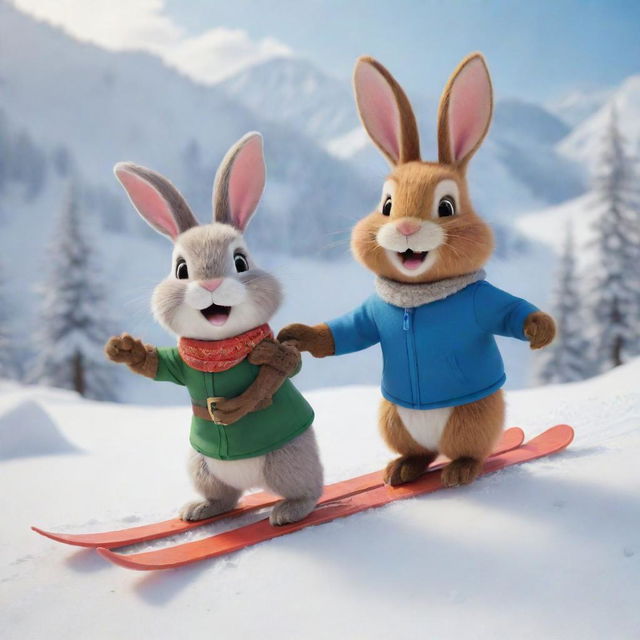 An animated scene of a cartoon bunny and beaver, best friends, merrily skiing down a snowy mountain slope. Their faces are filled with joy and excitement, creating a lively and charming winter tableau.