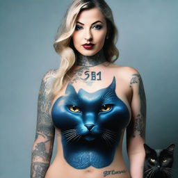 Create a realistic image of a woman with large breasts and a black cat's head