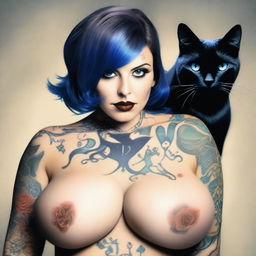 Create a realistic image of a woman with large breasts and a black cat's head