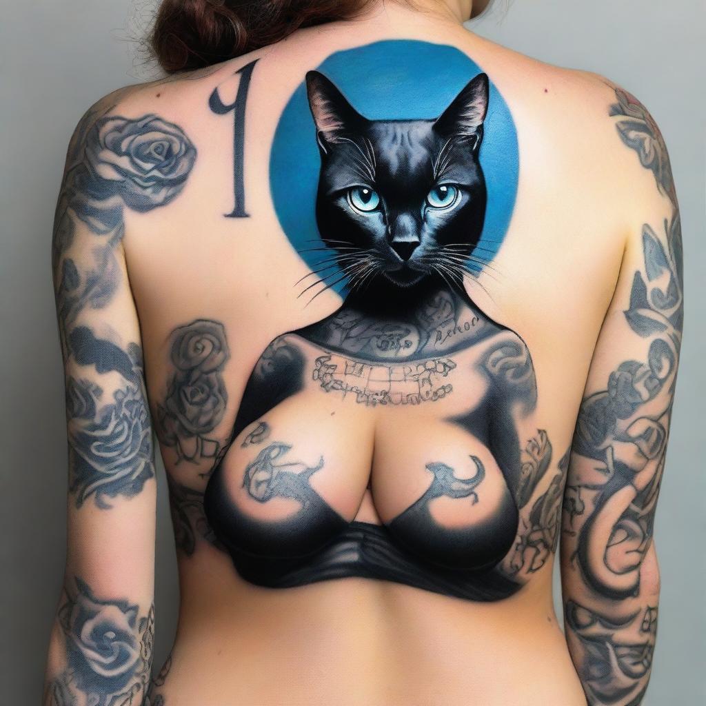 Create a realistic image of a woman with large breasts and a black cat's head