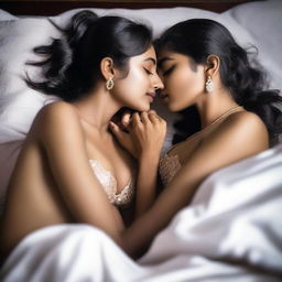 Two Indian girls lying on a bed, wearing lingerie, kissing sensually