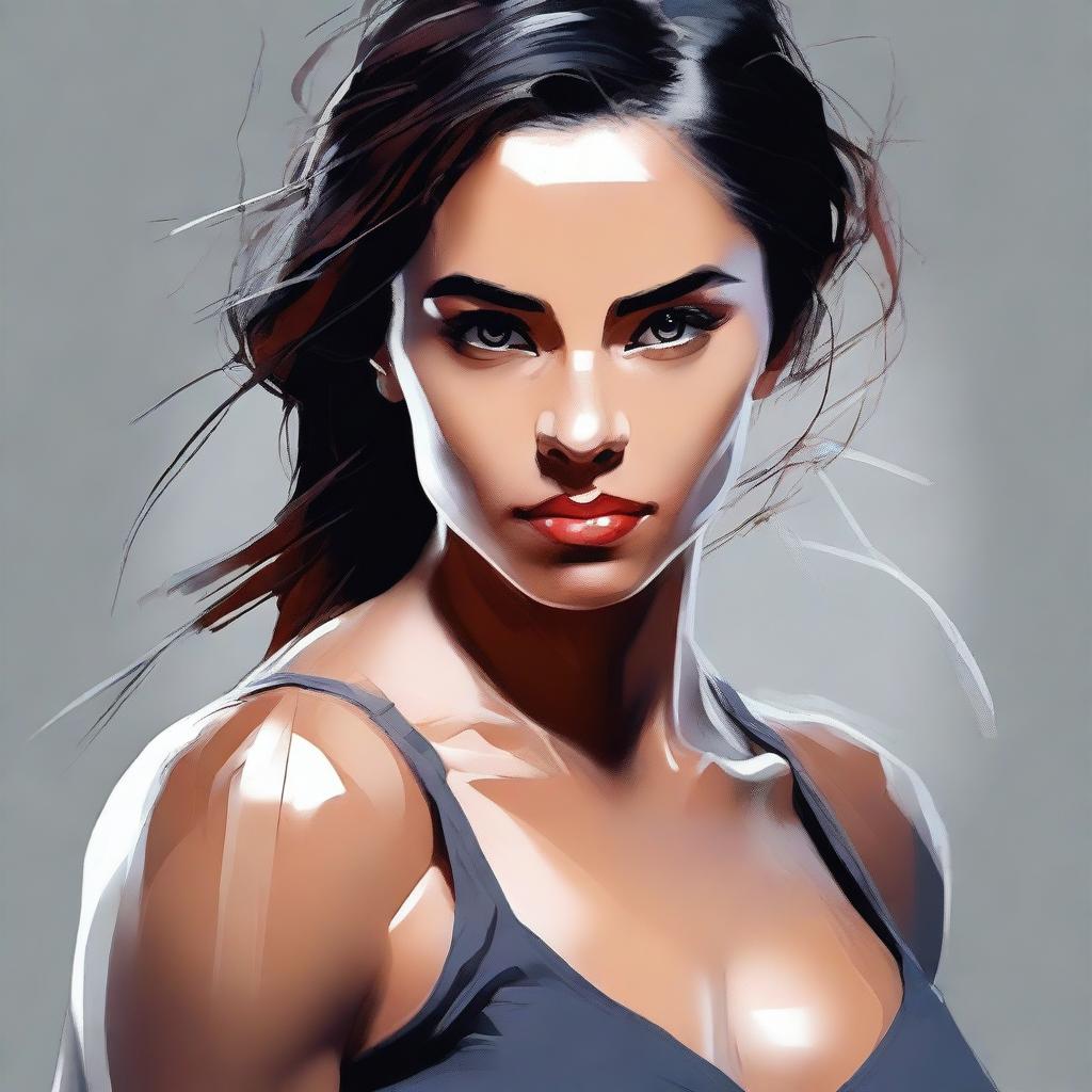 Create an art picture focusing on the face of a strong and confident female character