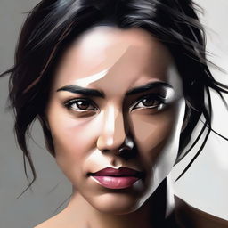 Create an art picture focusing on the face of a strong and confident female character