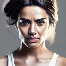 Create an art picture focusing on the face of a strong and confident female character