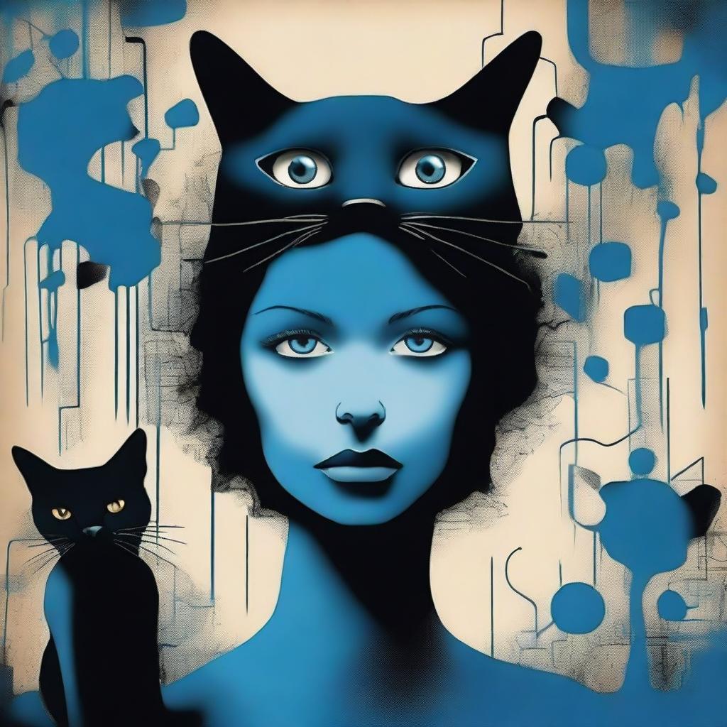 Crea una imagen surrealista de una mujer con cabeza de gato negro