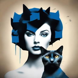 Crea una imagen surrealista de una mujer con cabeza de gato negro