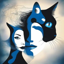 Crea una imagen surrealista de una mujer con cabeza de gato negro