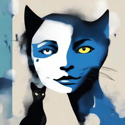 Crea una imagen surrealista de una mujer con cabeza de gato negro