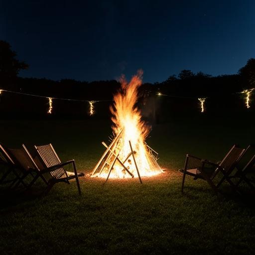 Aesthetic evening party scene outdoors with a large, crackling bonfire, illuminated surrounding decorated with fairy lights, comfortable lounge chairs and a festive atmosphere