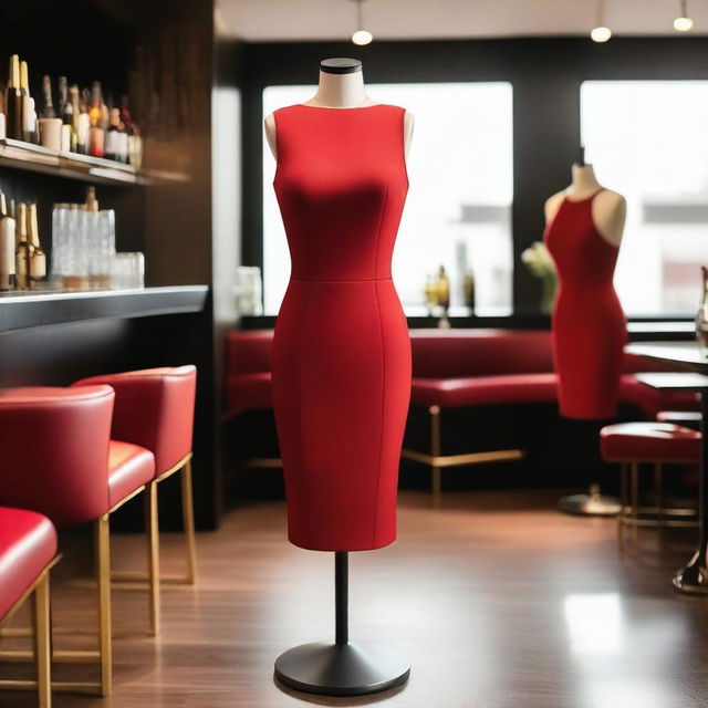 A red bodycon dress displayed on a mannequin in a stylish bar setting