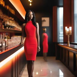 A red bodycon dress displayed on a mannequin in a stylish bar setting