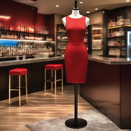 A red bodycon dress displayed on a mannequin in a stylish bar setting