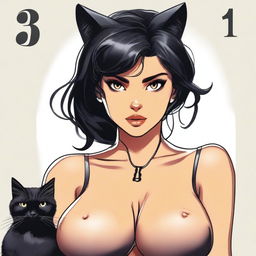 A woman with large breasts, black hair, tanned skin, and a black cat head