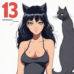 A woman with large breasts, black hair, tanned skin, and a black cat head