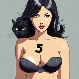 A woman with large breasts, black hair, tanned skin, and a black cat head