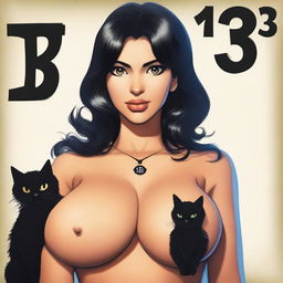 A woman with large breasts, black hair, tanned skin, and a black cat head