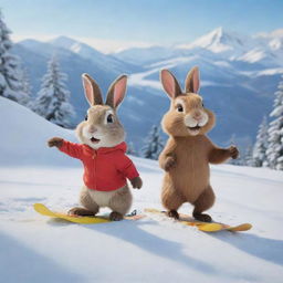 A delightful cartoon scenery featuring a bunny and a beaver, the best of friends, joyously skiing down a snowy mountain slope. Their exuberant expressions perfectly capture their fun-filled friendship and the thrill of their winter activity.