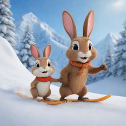 A delightful cartoon scenery featuring a bunny and a beaver, the best of friends, joyously skiing down a snowy mountain slope. Their exuberant expressions perfectly capture their fun-filled friendship and the thrill of their winter activity.