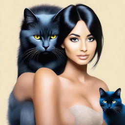 Create an image of a woman with large breasts, tanned skin, black hair, black eyes, and a blue cat