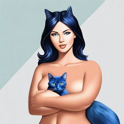 Create an image of a woman with large breasts, tanned skin, black hair, black eyes, and a blue cat