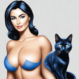 Create an image of a woman with large breasts, tanned skin, black hair, black eyes, and a blue cat