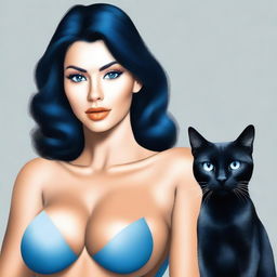 Create an image of a woman with large breasts, tanned skin, black hair, black eyes, and a blue cat