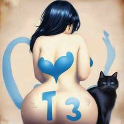 A woman with large buttocks, very large breasts, black hair, black eyes, a blue heart on her left buttock, a blue cat, and the number 13 painted on her chest