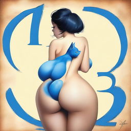 A woman with large buttocks, very large breasts, black hair, black eyes, a blue heart on her left buttock, a blue cat, and the number 13 painted on her chest