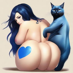 A woman with large buttocks, very large breasts, black hair, black eyes, a blue heart on her left buttock, a blue cat, and the number 13 painted on her chest