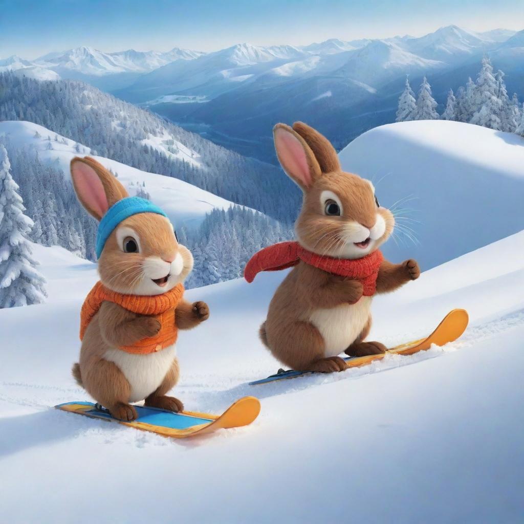 A delightful cartoon scenery featuring a bunny and a beaver, the best of friends, joyously skiing down a snowy mountain slope. Their exuberant expressions perfectly capture their fun-filled friendship and the thrill of their winter activity.